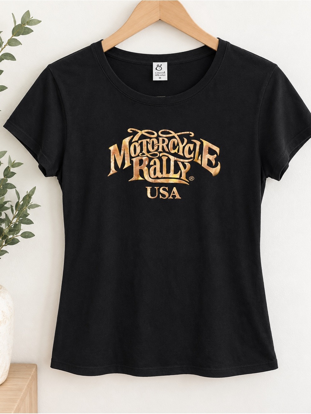 Vintage Motorcycle Rally USA Black Graphic Tee - Women a